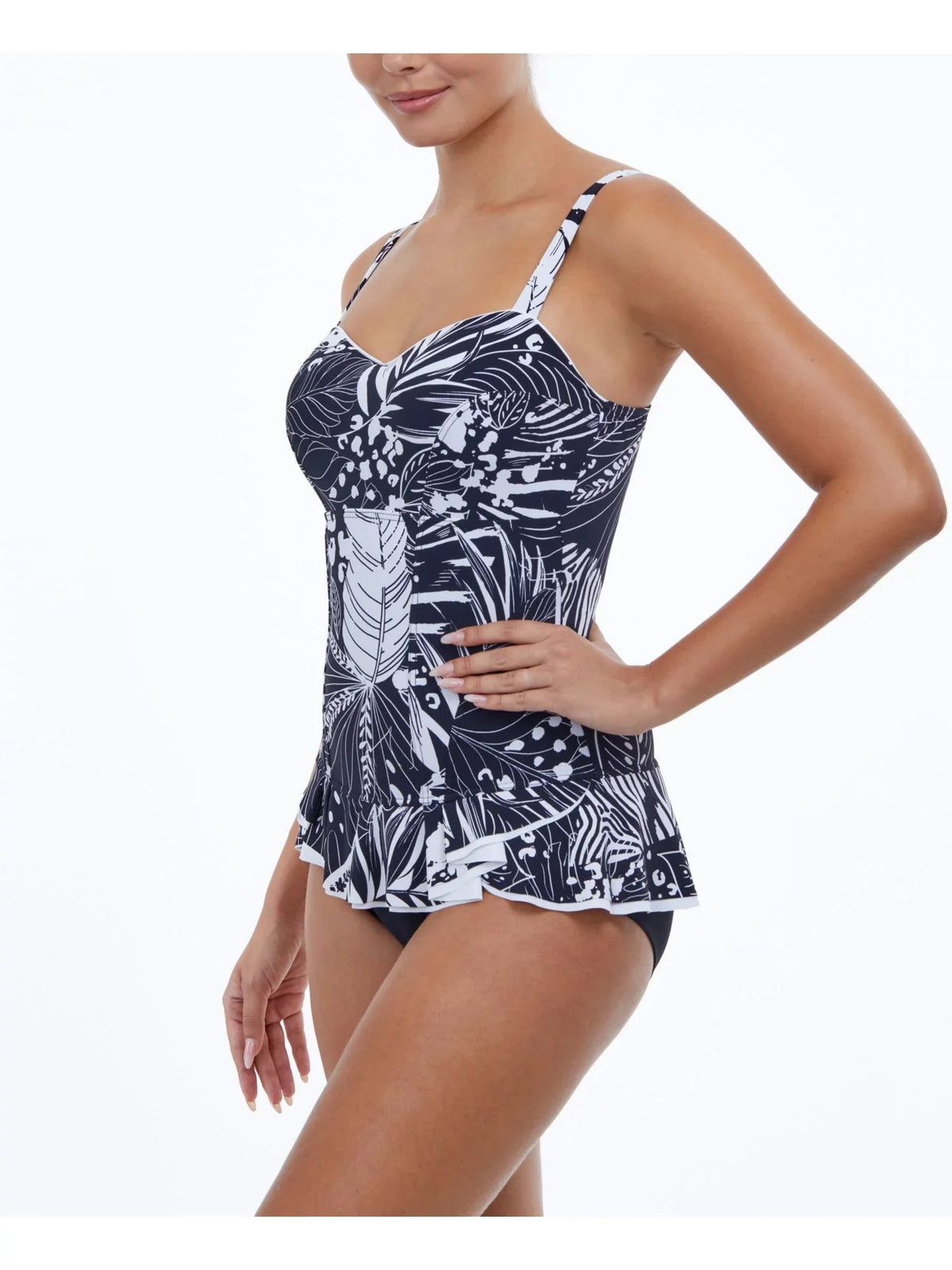 Women's Print 8 Stretch Adjustable Ruffled Fixed Cups Tummy GOTTEX Control by Swimdress Black Tropical Sweetheart PROFILE Marbella Neck