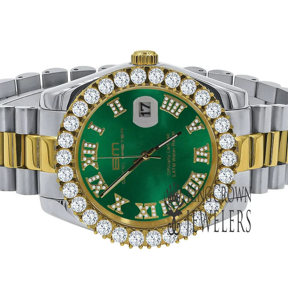 Mens 42mm Stainless Numbers Face Diamond 18k Steel Dial Watch Tone Green Full 2 Gold Roman