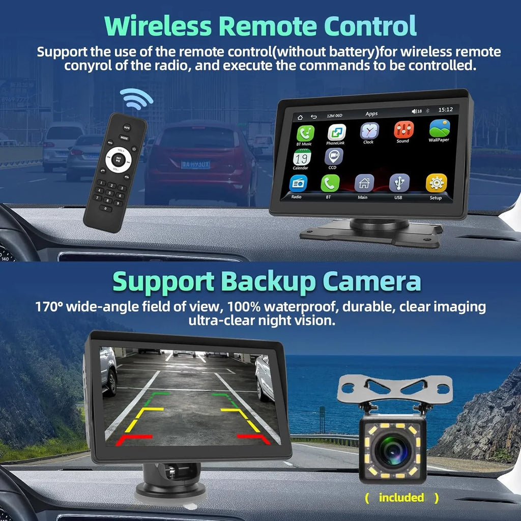 FM Bluetooth Camera Portable Radio with Podofo Android Wireless Screen Link 12-30V Touch TF/USB Carplay Stereo Backup Mirror for Auto Car Car Pickup, 7" Suv Van