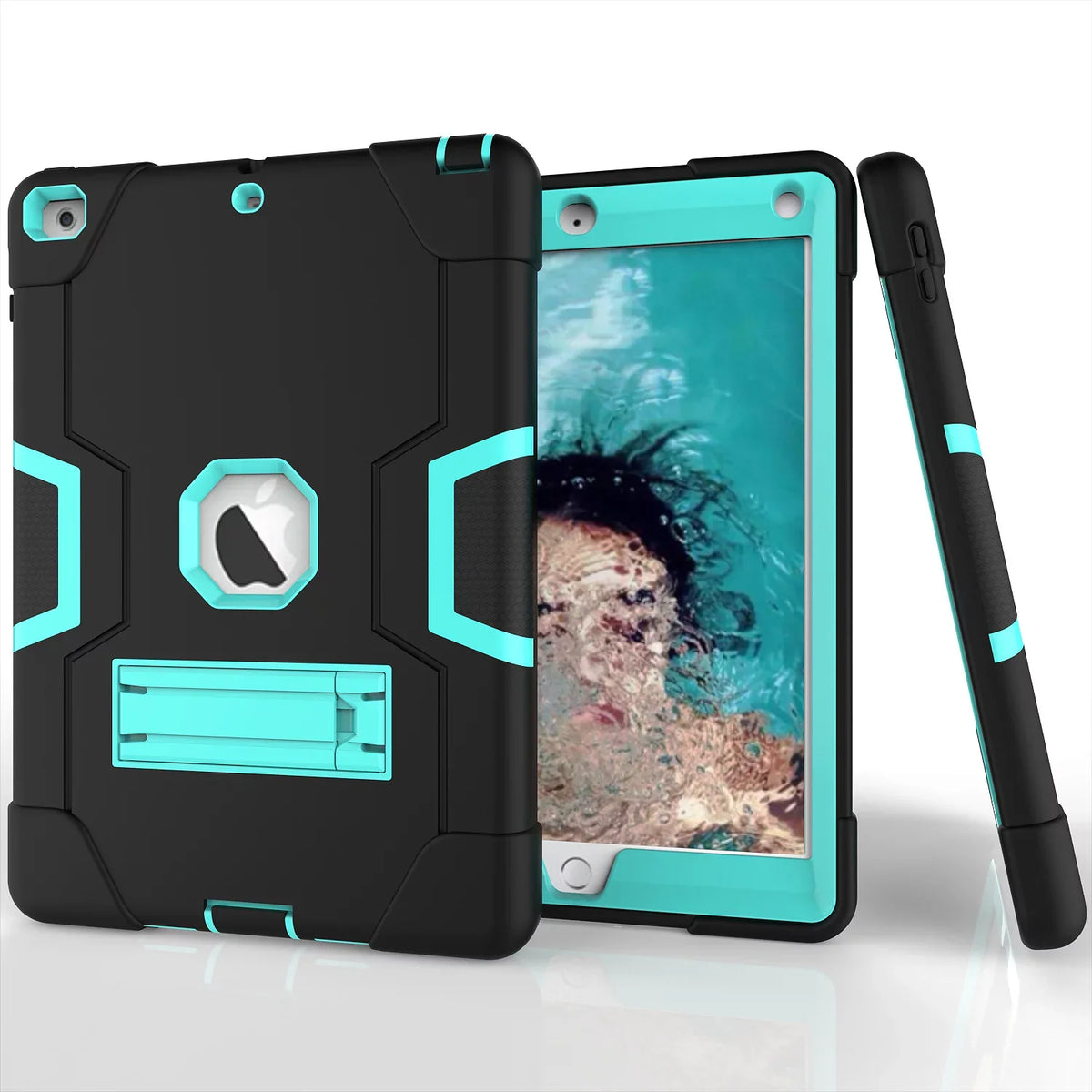 Allytech 2018 Case New Armor 9.7 Case,Three 2017/2018 iPad 6th/5th A1954 iPad for 2017,iPad (Black/Aqua) Case Generation 9.7 A1893 for Defender Layer Cover A1823 A1822 Shockproof Protective