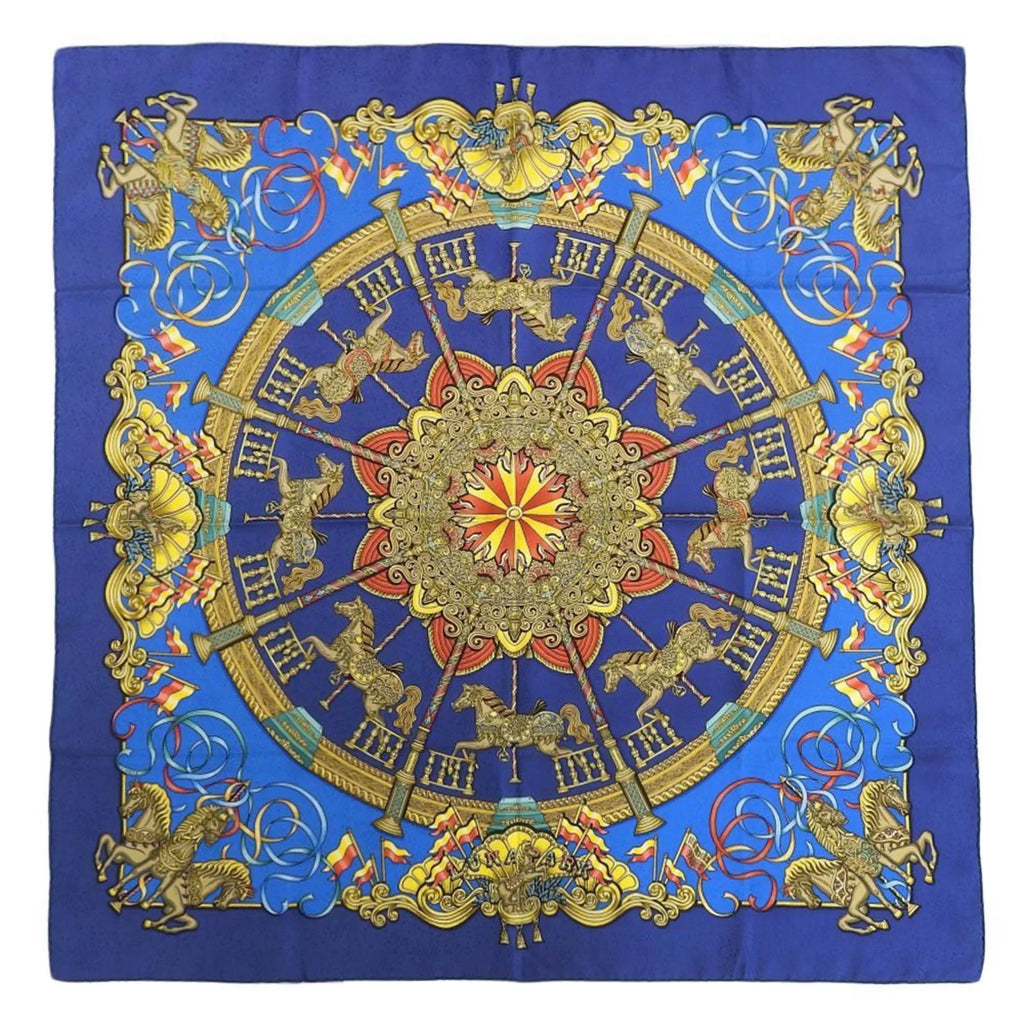 (Good) KARE90 HERMES Silk Pre-Owned Carousel Horse Park Scarf PARK LUNA Blue Amusement Muffler