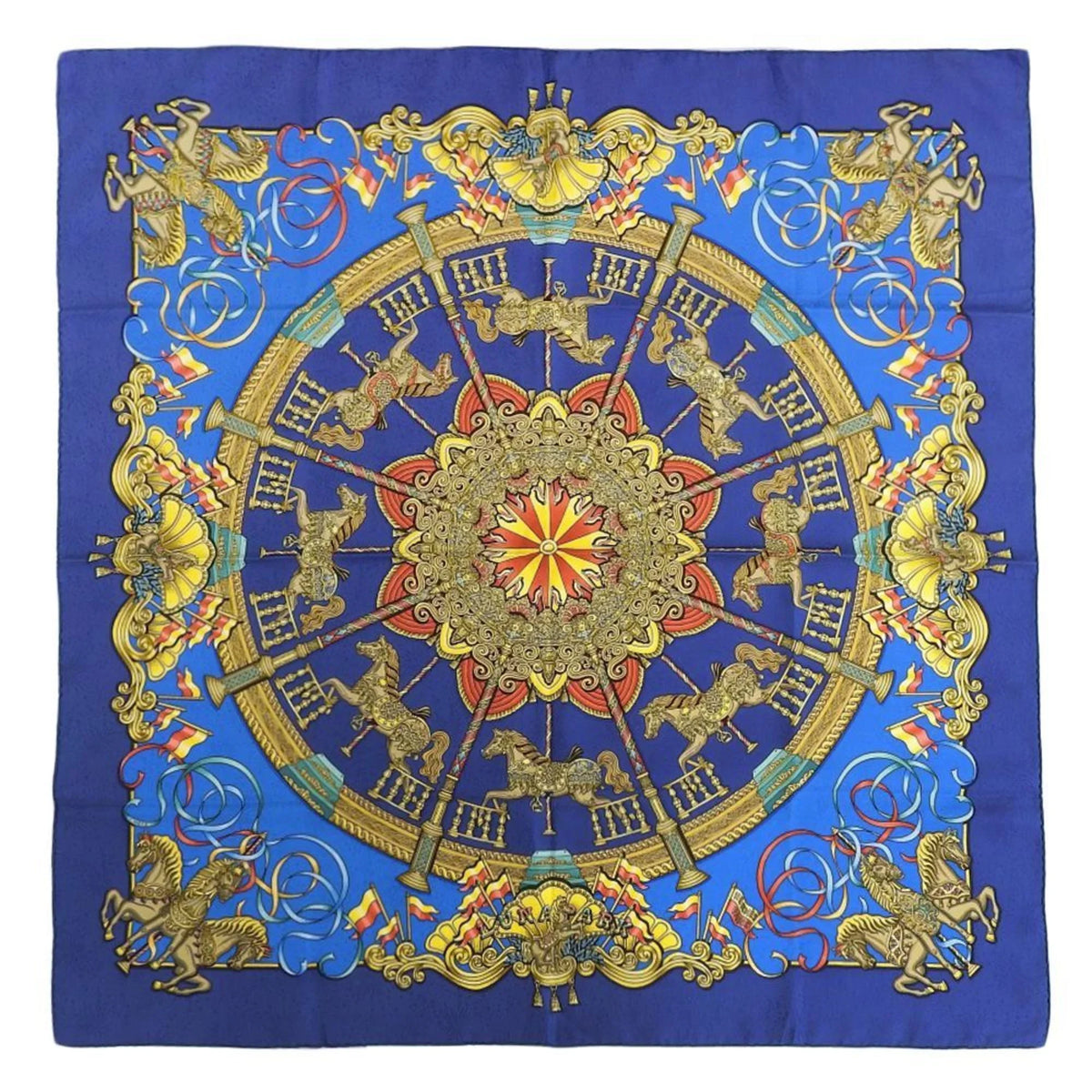 (Good) KARE90 HERMES Silk Pre-Owned Carousel Horse Park Scarf PARK LUNA Blue Amusement Muffler