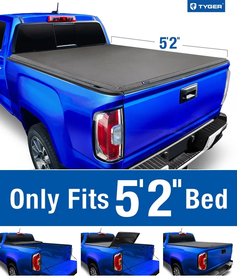 / Tri-fold Soft Tonneau TG-BC3C1039 | Truck Compatible GMC Tyger Chevy Vinyl Cover Colorado Bed T3 | Canyon 5'2" Bed | with 2015-2023 Auto