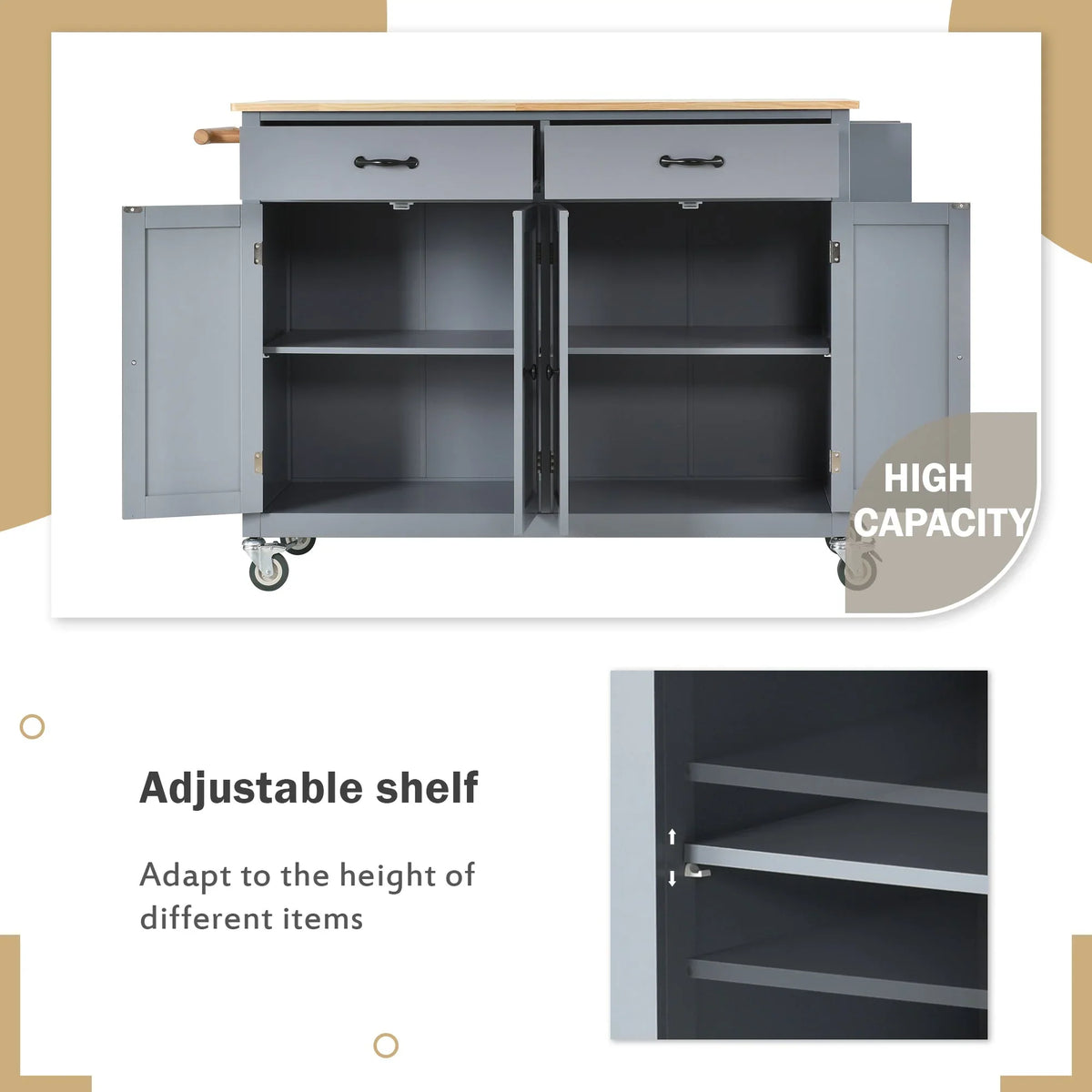 Wood Wheels Granite Grey Cart and Island Top Solid - Blue Kitchen Locking with