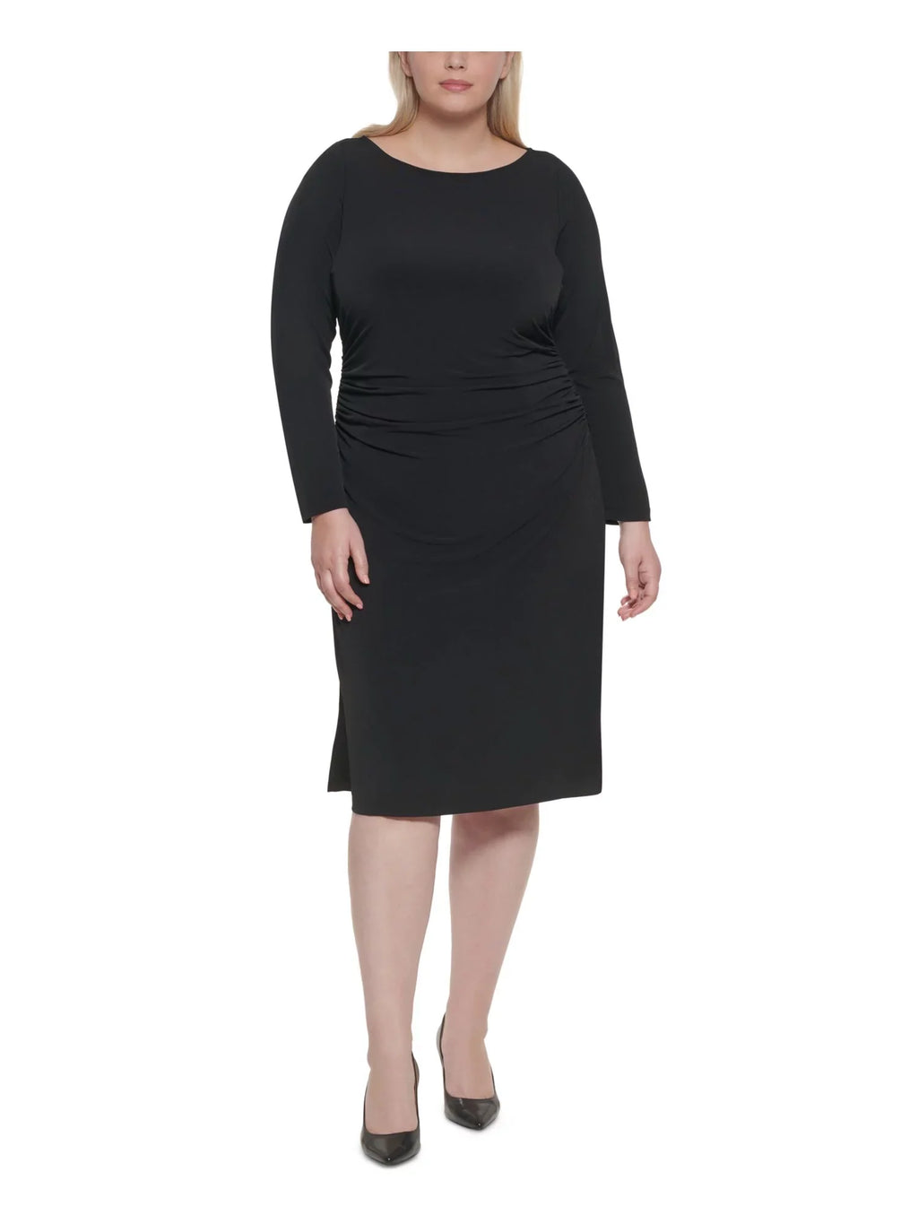 Long Work Womens Stretch Round Zippered Neck Sheath Black CALVIN 16W Plus Wear Sleeve outfit Midi To Ruched KLEIN