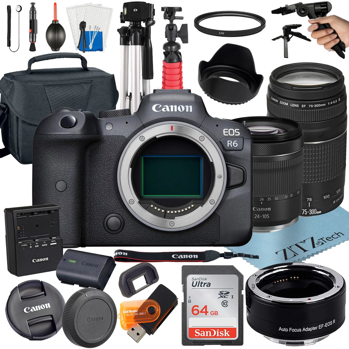 STM Camera + + EOS 64GB Lens + Accessory Mirrorless SanDisk RF R6 ZeeTech + Adapter with 75-300mm Canon Mount 24-105mm