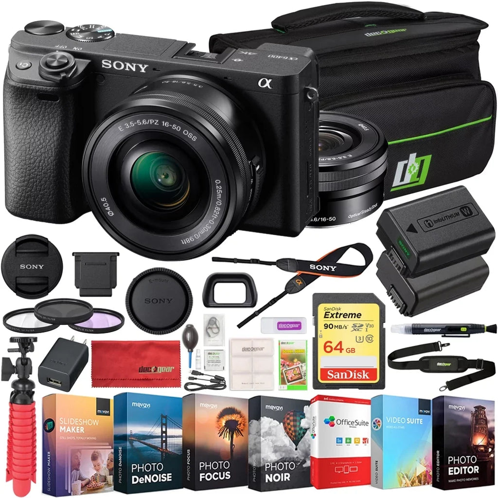 Card, Mirrorless ILCE-6400L Lens Bundle Editing and 16-50mm with Battery Camera 64GB APS-C Kit Video a6400 Interchangeable-Lens with Photo 40.5mm and Camera Suite, Memory Filter Bag, Camera