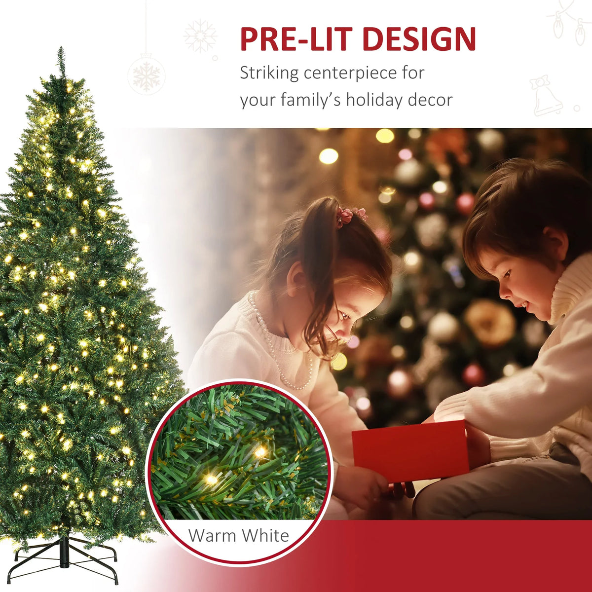 Lights Branches, Tips Christmas Douglas White Full and HOMCOM with 7ft Pre-Lit Warm Fir Tree 700 2154 LED Realistic Artificial