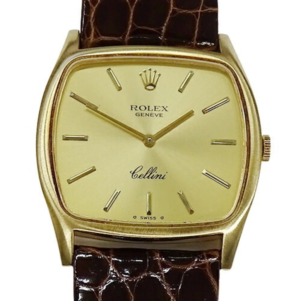 watch Authenticated Used winding gold Cal.1600 hand brown 750YG men's 3805 leather polished Cellini