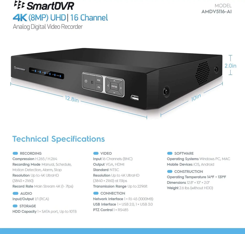 & Analog AI Smart DVR, Face Security 4K System (AMDV5116-I3) Vehicle AI Amcrest Cameras Cameras, Channel Security Amcrest IP Detection AI DVR Human for & Recorder, 16 Recognition, Camera DVR