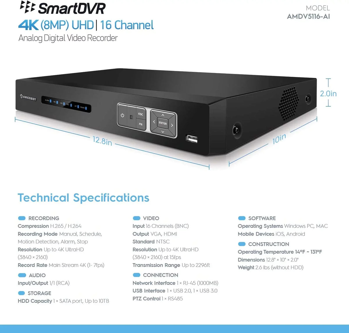 & Analog AI Smart DVR, Face Security 4K System (AMDV5116-I3) Vehicle AI Amcrest Cameras Cameras, Channel Security Amcrest IP Detection AI DVR Human for & Recorder, 16 Recognition, Camera DVR
