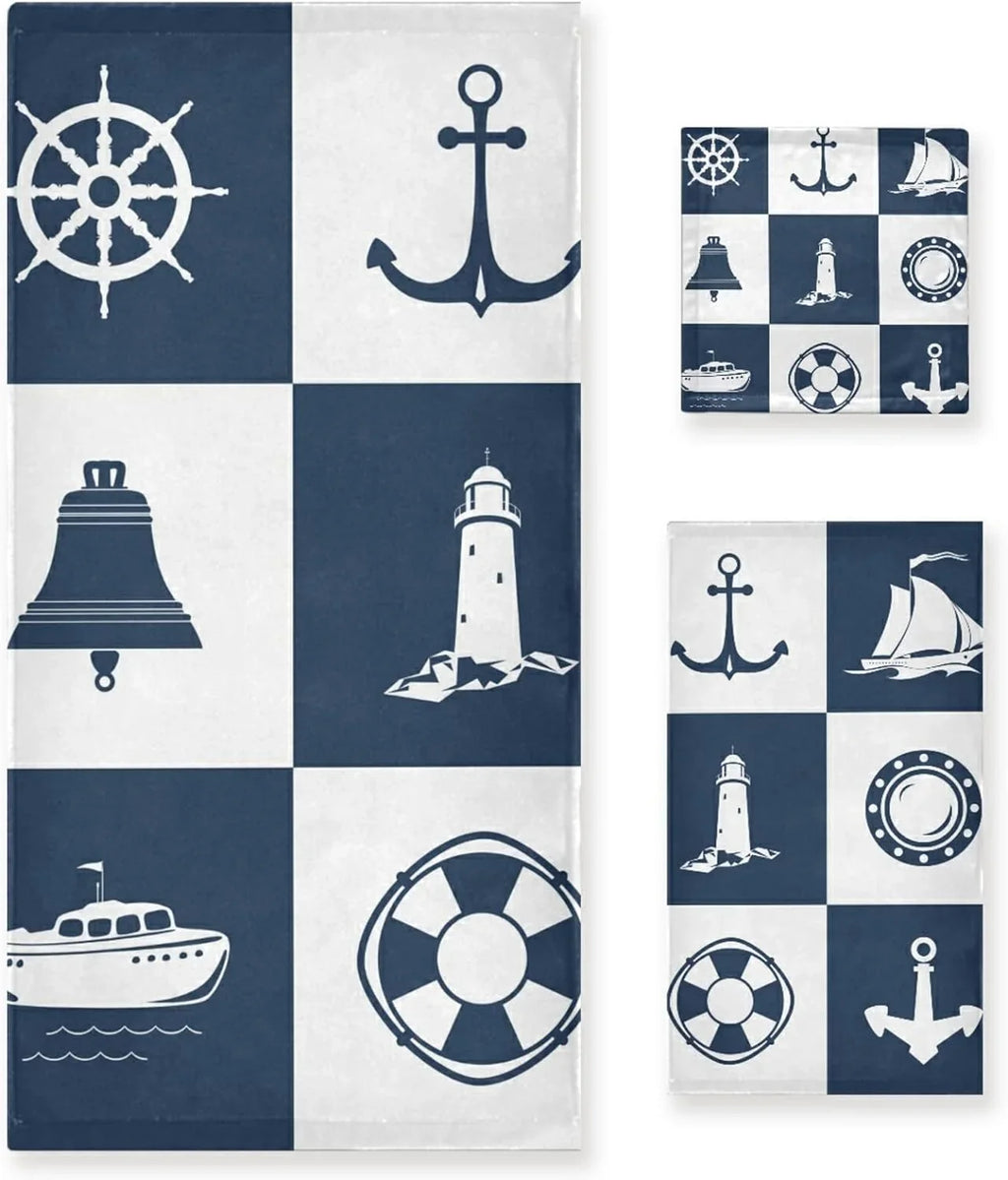 Bathroom Bath Lighthouse GZHJMY Anchor Vessel 3 Towels for Soft Hand Towel Piece Sailing Fingertip Absorbent Cotton Towels Decorative Checked Sets