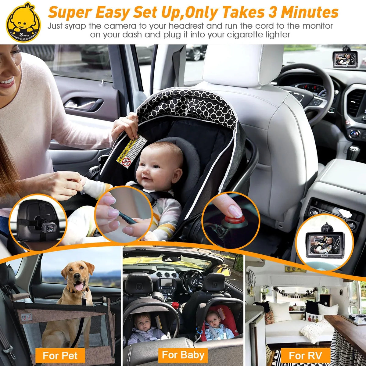 Baby Two and with -V33 Night Backseat Facing Camera Camera Plug Crystal Rear Play Rotating Camera Monitor 3 Mins 1080P: Install Car Kids Baby HD DoHonest Vision Easy 360&deg; Car