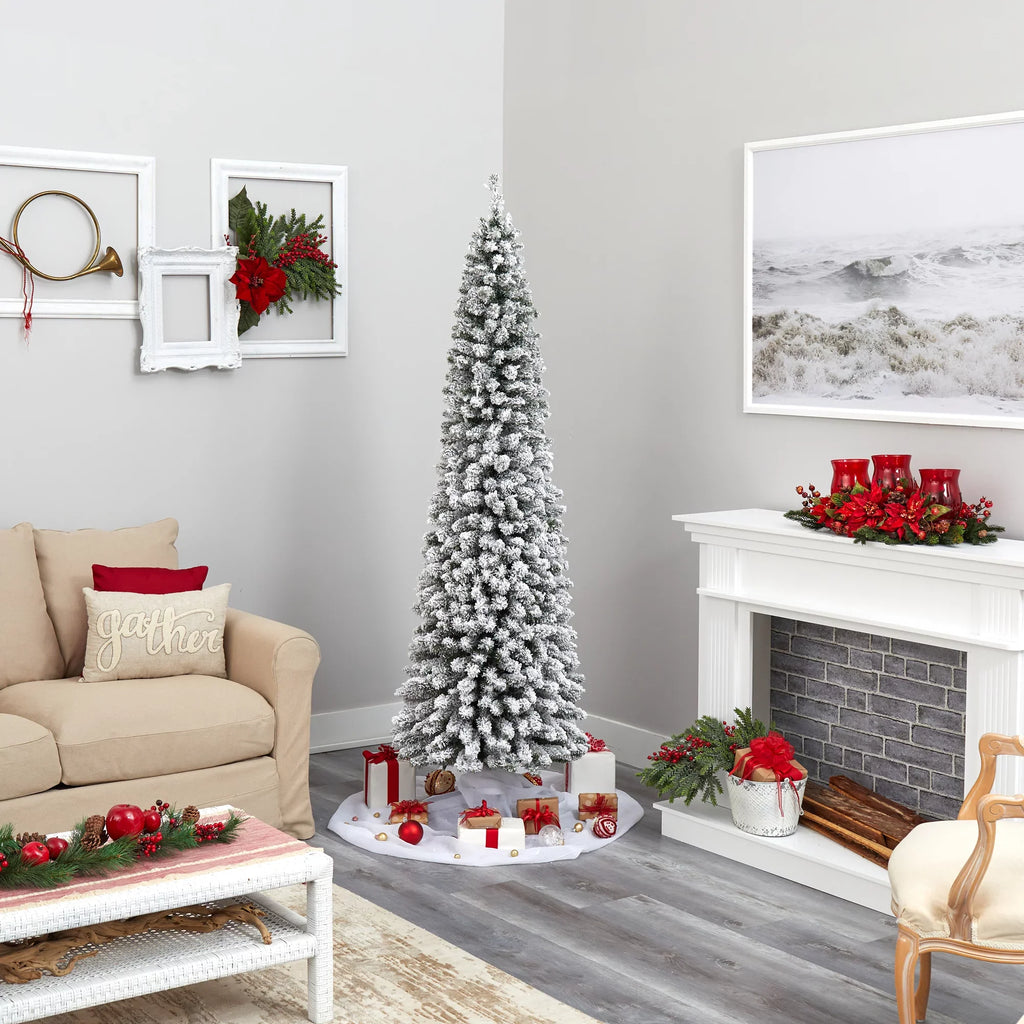 Pencil 400 Artificial Prelit Tree Clear Natural White Lights 7' Christmas Flocked Nearly