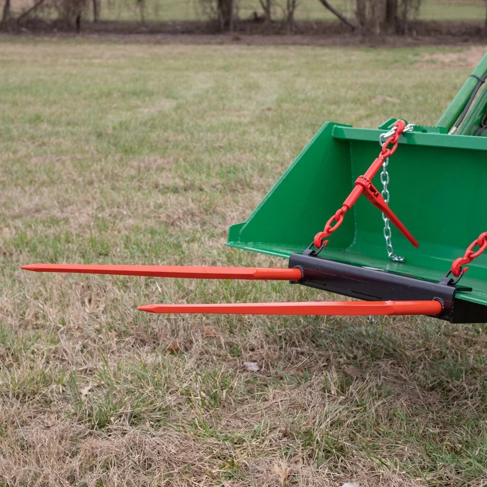 Steer 2 HD Chains Conus Capacity, Universal Hay Spear Attachment, Ratchet Dual Bucket Prong Binders Attachment, Skid Tines, Front Attachments LB Bale 3000 Loader Titan and Included 43" Tractor