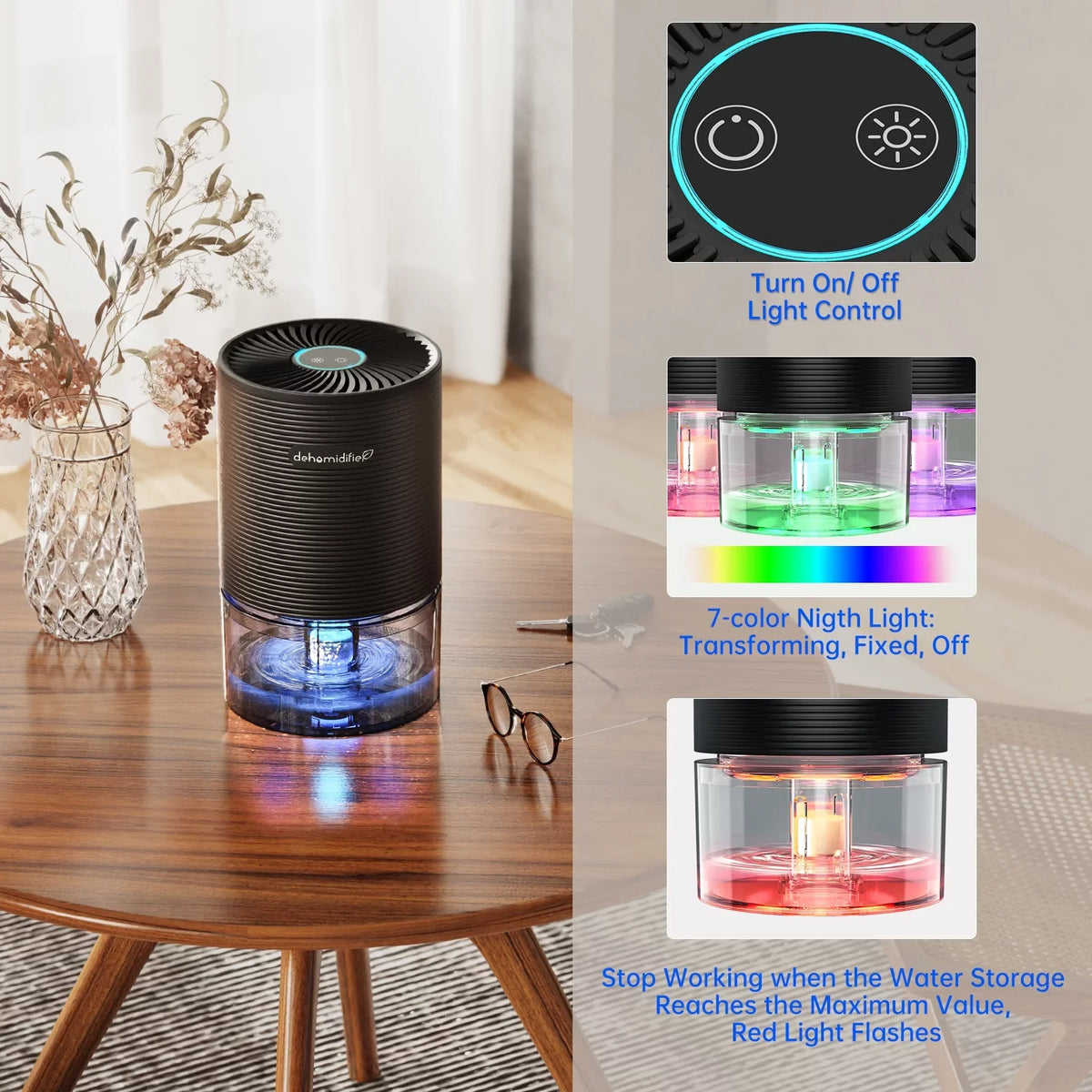 Dehumidifiers Bedroom for up Small with LED Light 215 sq.ft-Black Alrocket Auto-off,7 27oz Colors to