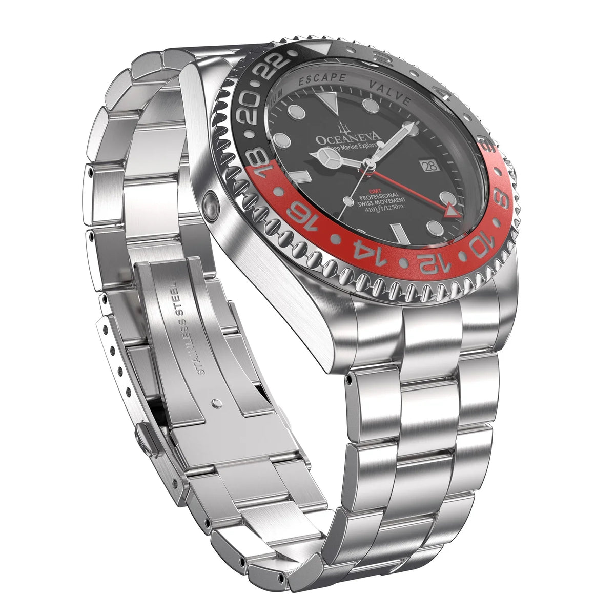 1250M Explorer Red Movement Pro Oceaneva™ Steel Men's Deep GMT and Swiss Diver Watch Stainless Quartz, Black- Marine Bracelet