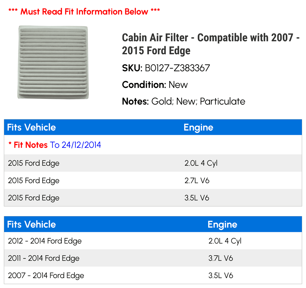 Compatible Edge 2013 2015 - 2011 - Cabin 2012 2007 Filter 2008 2009 with 2014 Air 2010