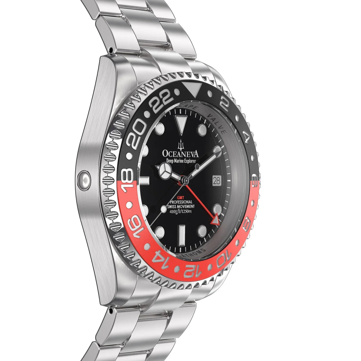 1250M Explorer Red Movement Pro Oceaneva™ Steel Men's Deep GMT and Swiss Diver Watch Stainless Quartz, Black- Marine Bracelet
