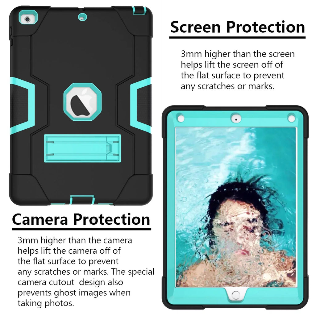 Allytech 2018 Case New Armor 9.7 Case,Three 2017/2018 iPad 6th/5th A1954 iPad for 2017,iPad (Black/Aqua) Case Generation 9.7 A1893 for Defender Layer Cover A1823 A1822 Shockproof Protective