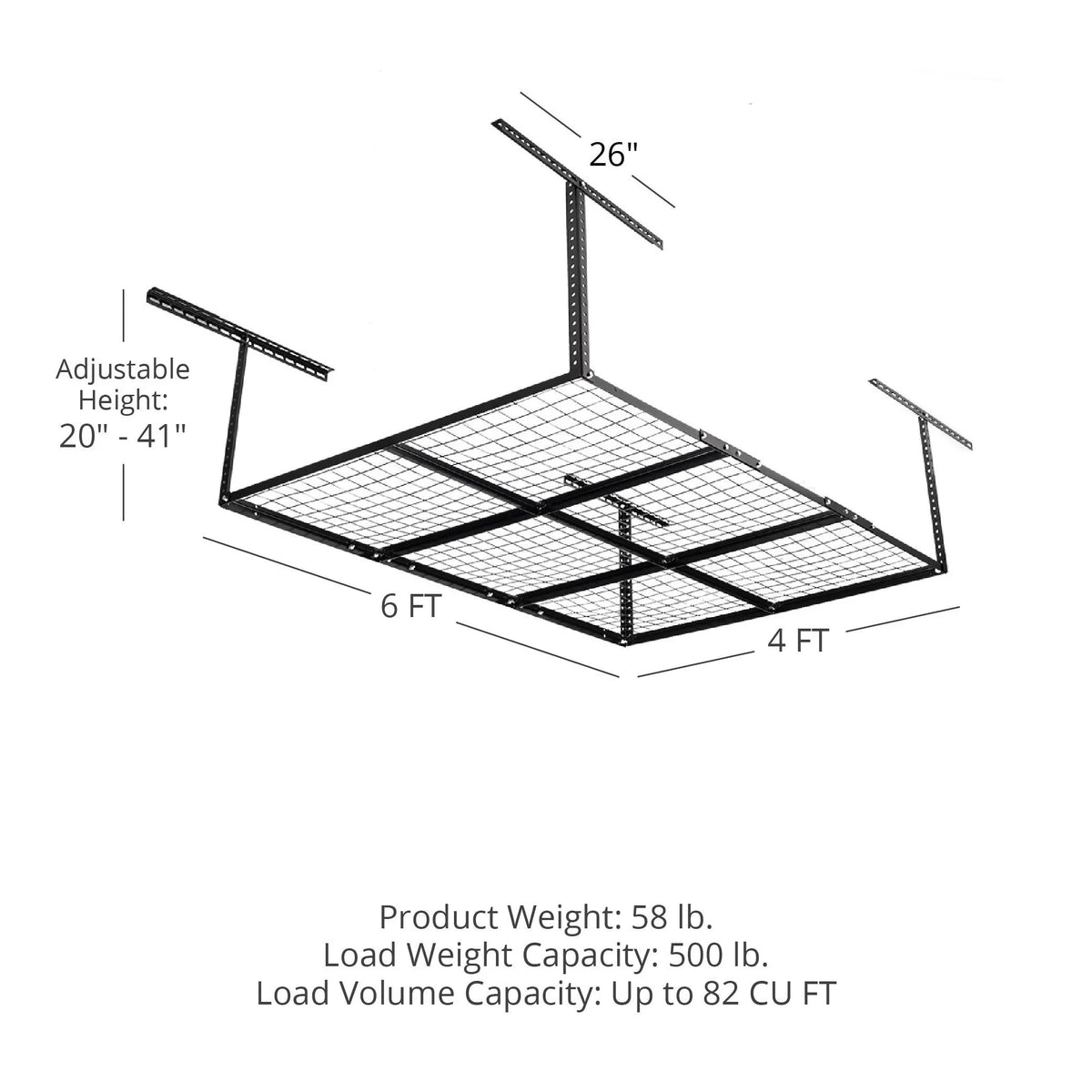 Capacity, Grid x Garage Adjustable 20" to Height, Overhead Bikes Storage 6' Storage Loading Bins Attachments with Wire System, 41" Equipment for 4' Rack, LB Titan 500 Metal Organization Mount Ceiling
