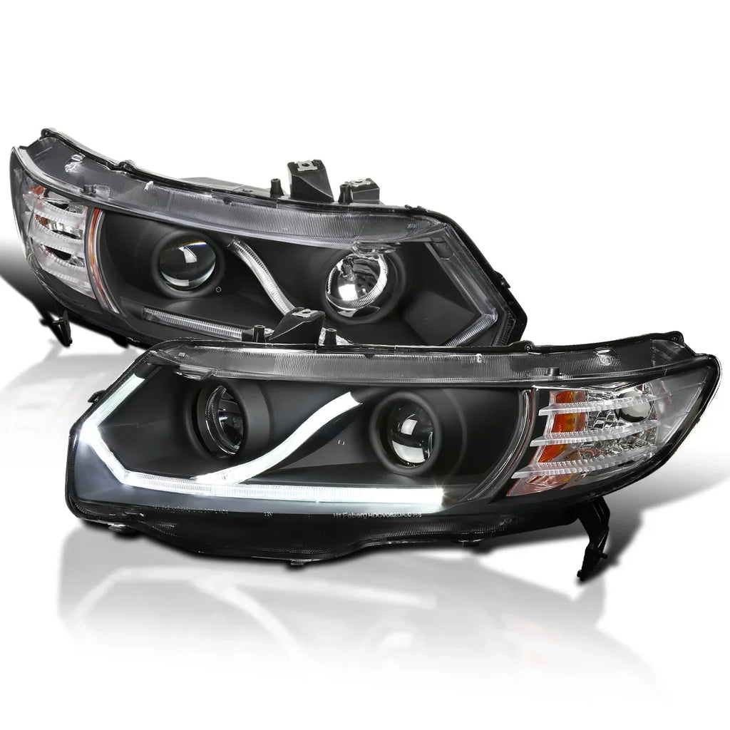Coupe Tuning Compatible Left LED Assembly 2-Door Honda Strip Headlamps + 2006-2011 Headlights Spec-D Right Pair Black Civic Halo with Projector