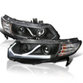 Coupe Tuning Compatible Left LED Assembly 2-Door Honda Strip Headlamps + 2006-2011 Headlights Spec-D Right Pair Black Civic Halo with Projector