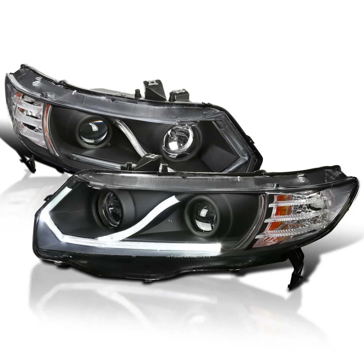Coupe Tuning Compatible Left LED Assembly 2-Door Honda Strip Headlamps + 2006-2011 Headlights Spec-D Right Pair Black Civic Halo with Projector