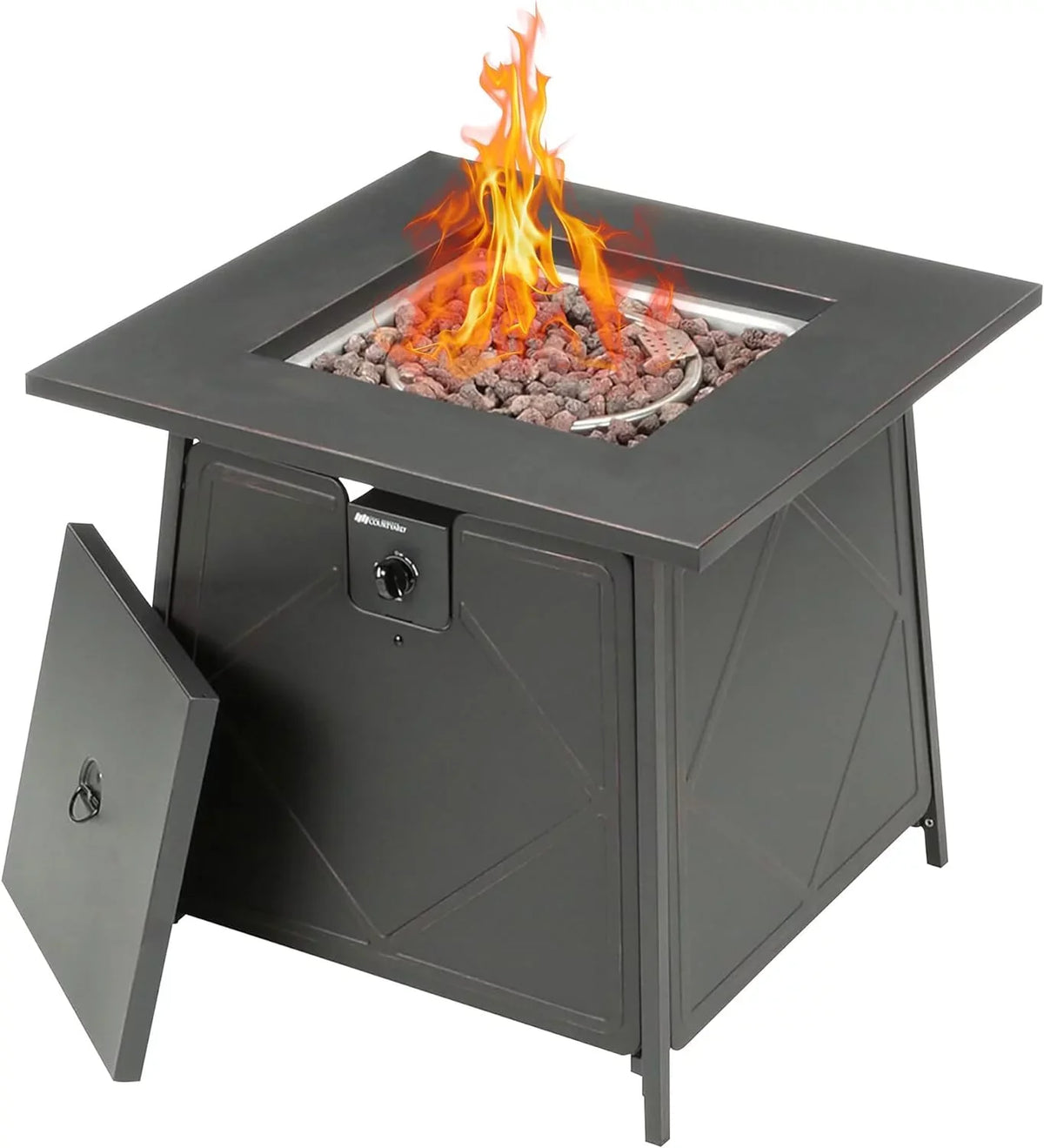 Steel exterior and Square Gas Backyard Pit with Cover Lava Lid, Steel Black Fire 28 Rocks Inch Tabletop