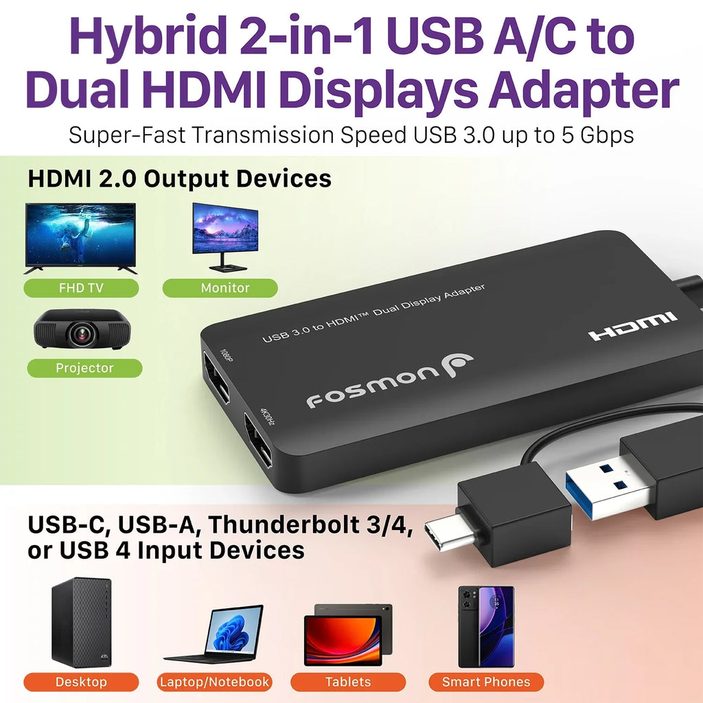Monitor HDMI Windows Adapter, Monitors & USB 4 to 4K@30Hz+1080P@60Hz, Display Fosmon Adapter, HDMI USB-A, Video 2.0 Splitter Mac Support for Dual 3.0 Thunderbolt 6 OS Displays USB USB-C, Graphics 3/4,