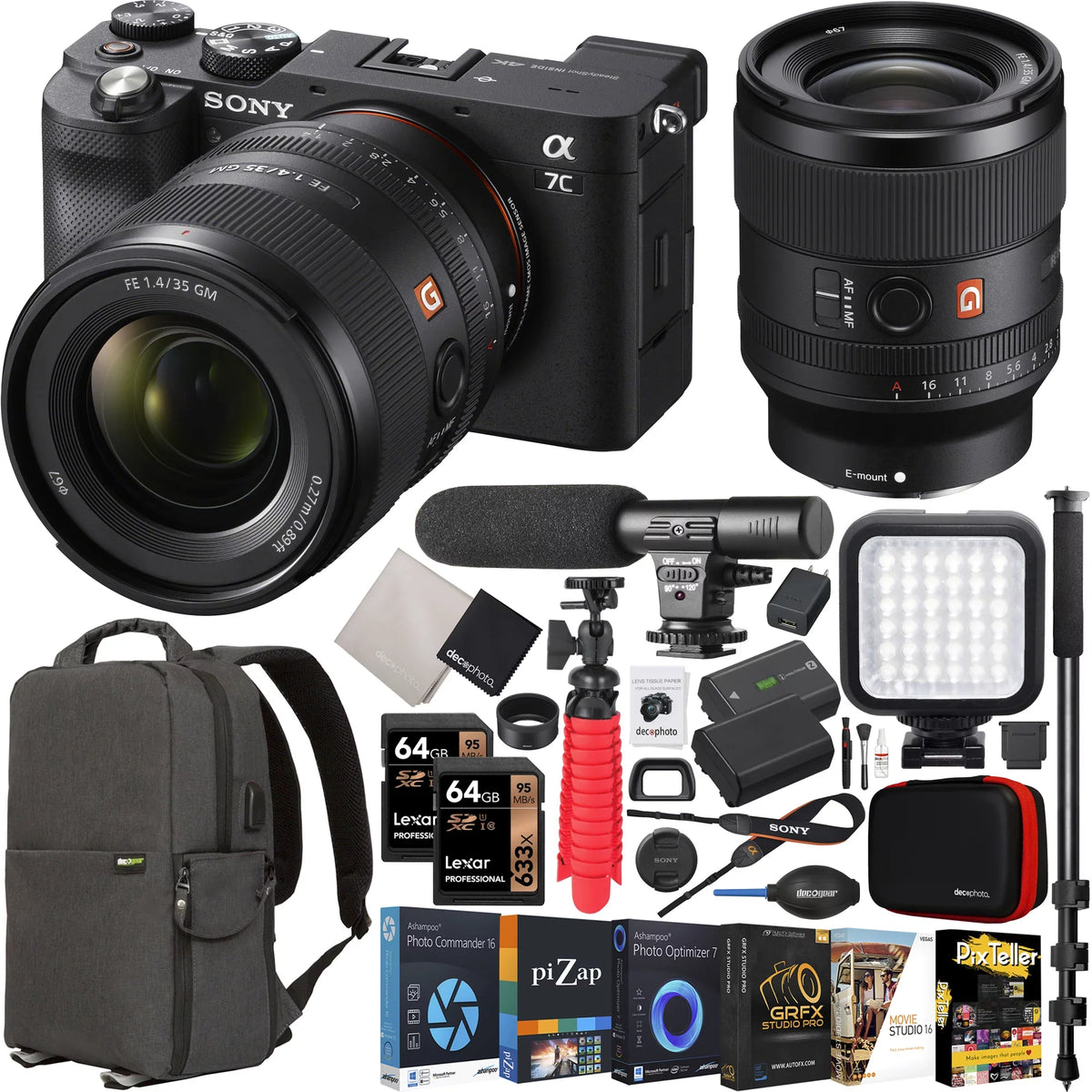 Frame LED 35mm + and Black Deco Bundle Photography Lens Monopod with Camera Full Case Accessories a7C G GM Body F1.4 Gear Mirrorless ILCE7C/B Microphone Backpack + + + Master SEL35F14GM FE