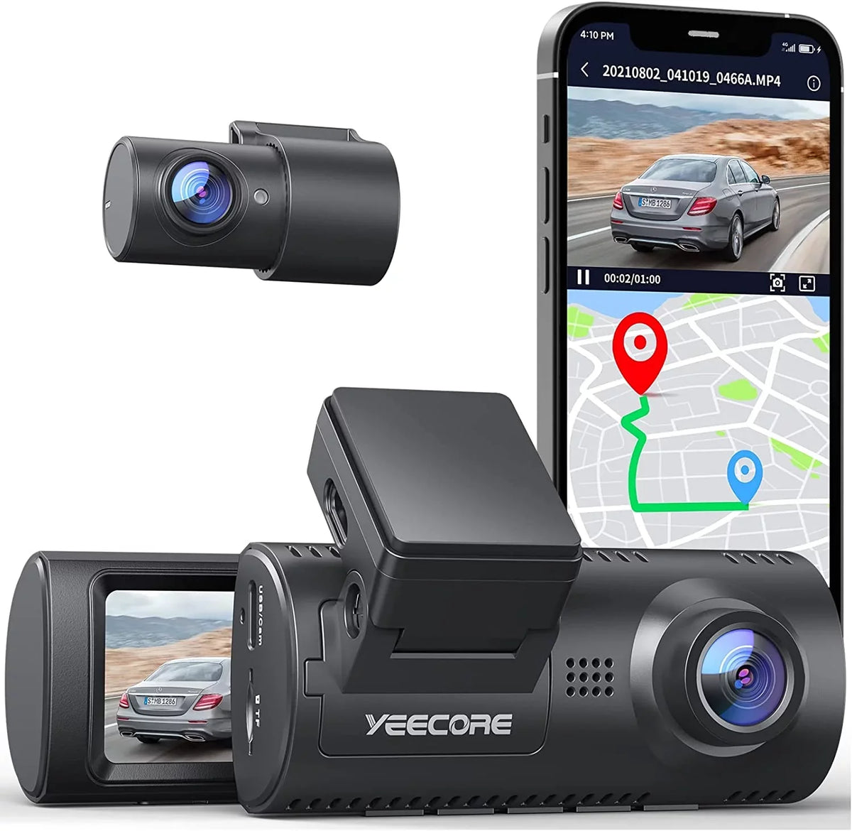 Night Camera Cars G-Sensor, Mount, Cam Vision, Rear, and D32 Dam, WiFi Dash Mode, Super Record Yeecore Built-in App Portable Parking Control, Dash Dash Front Magnetic Accident 2.5K+1080P for Dual GPS,