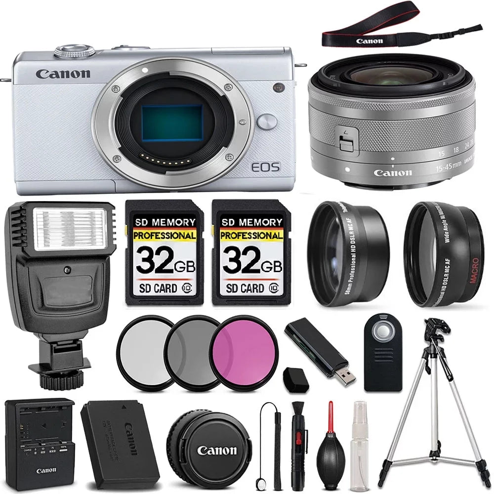 '+ IS Lens EOS + Included (White)+ DSLR STM KIT Camera Version EF-S Original All - 3PC 15-45mm - f/3.5-5.6 64GB Canon Storage FILTER Accessories International Canon M200