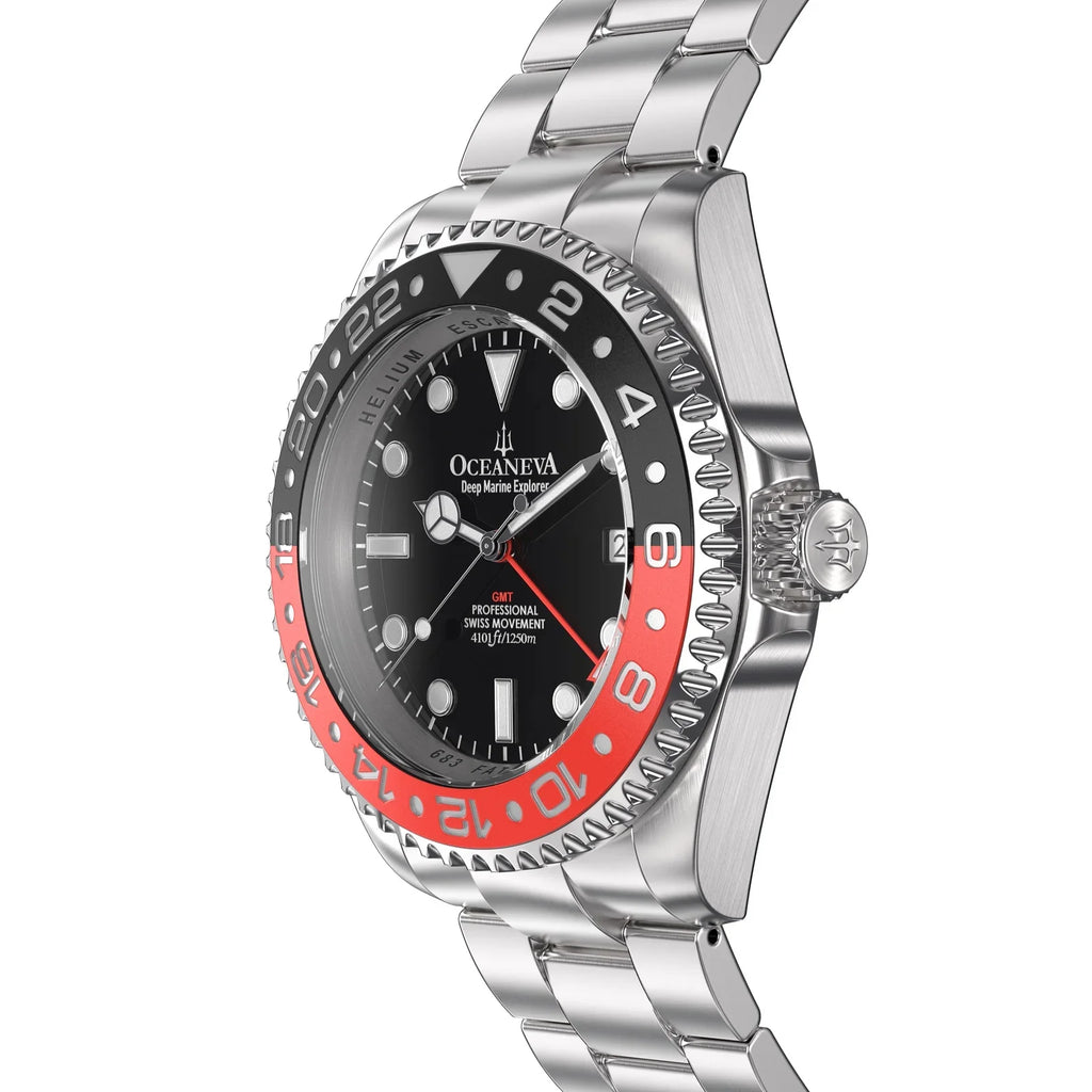1250M Explorer Red Movement Pro Oceaneva™ Steel Men's Deep GMT and Swiss Diver Watch Stainless Quartz, Black- Marine Bracelet