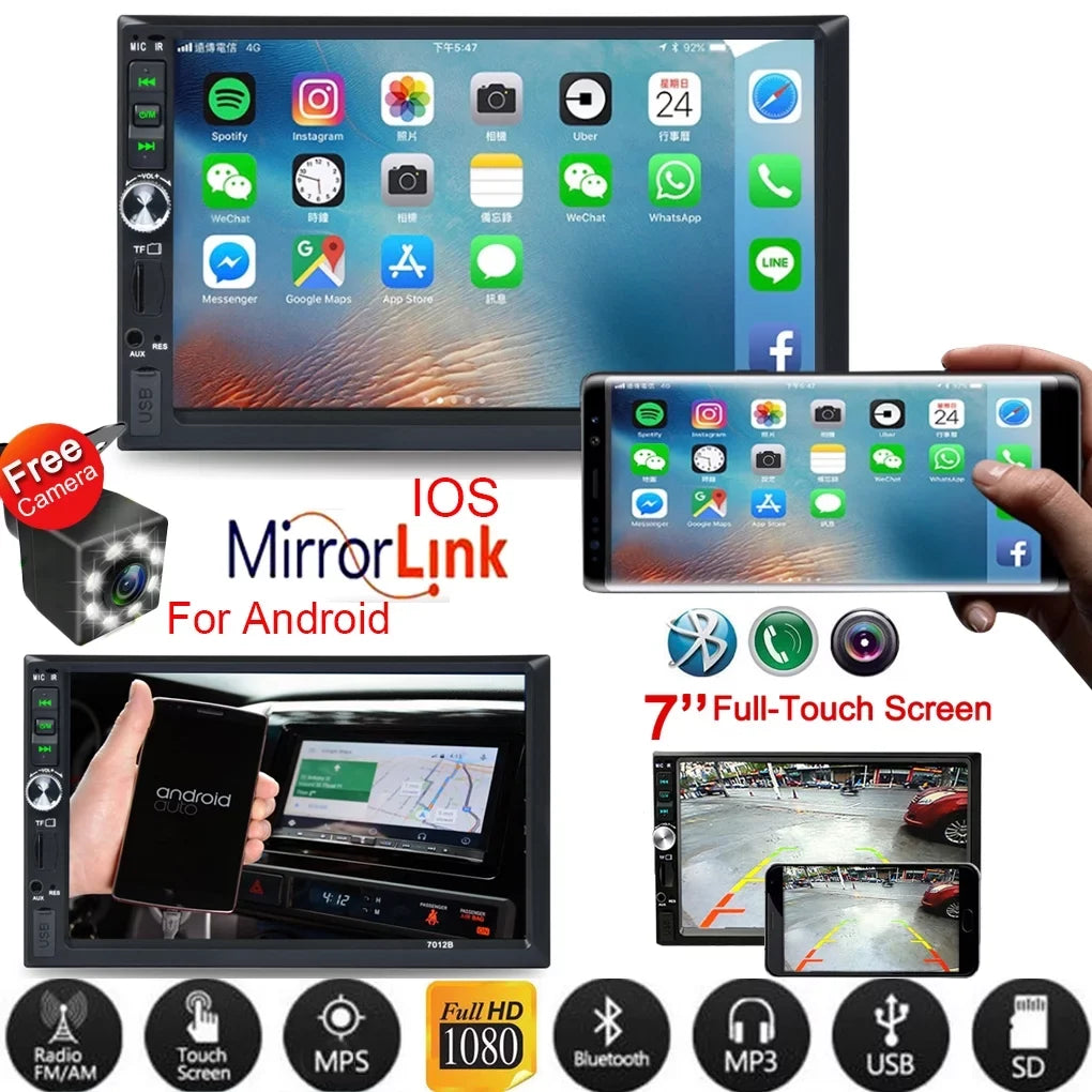 Support Camera 7" and Link(Both Mirror Radio ios Bluetooth Double with Stereo Car Din Car Screen System) HD Touch Android And Reverse