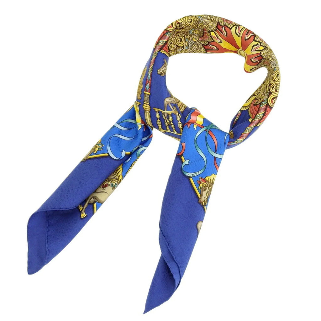 (Good) KARE90 HERMES Silk Pre-Owned Carousel Horse Park Scarf PARK LUNA Blue Amusement Muffler