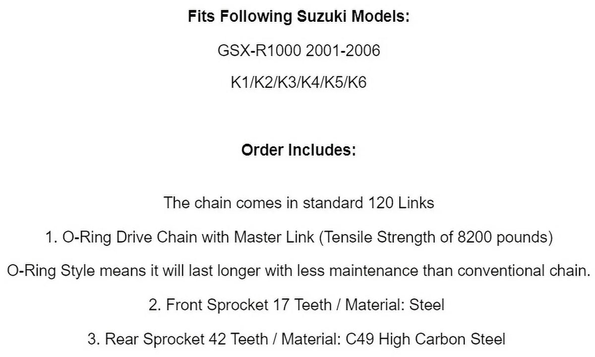 Chain & Sprockets Kit for O-Ring Suzuki Blue Drive 2001-2006 GSXR1000 GSX-R1000