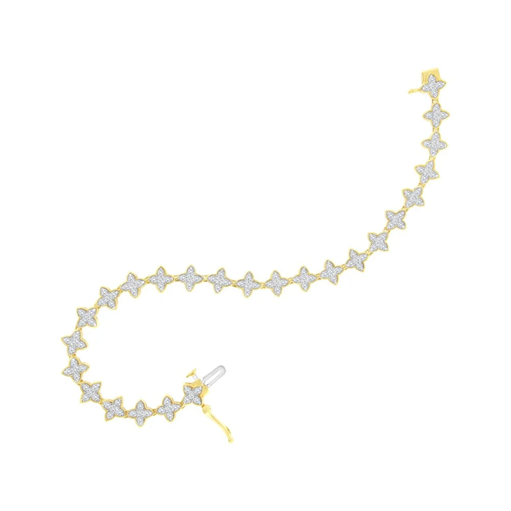 I1-I2 Diamond Gold Round-Cut Bracelet (J-K - 2.0 10K 4 Clover Link Color, cttw Clarity) 7.25" Yellow Leaf