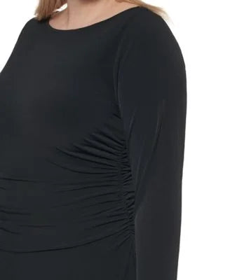 Long Work Womens Stretch Round Zippered Neck Sheath Black CALVIN 16W Plus Wear Sleeve outfit Midi To Ruched KLEIN