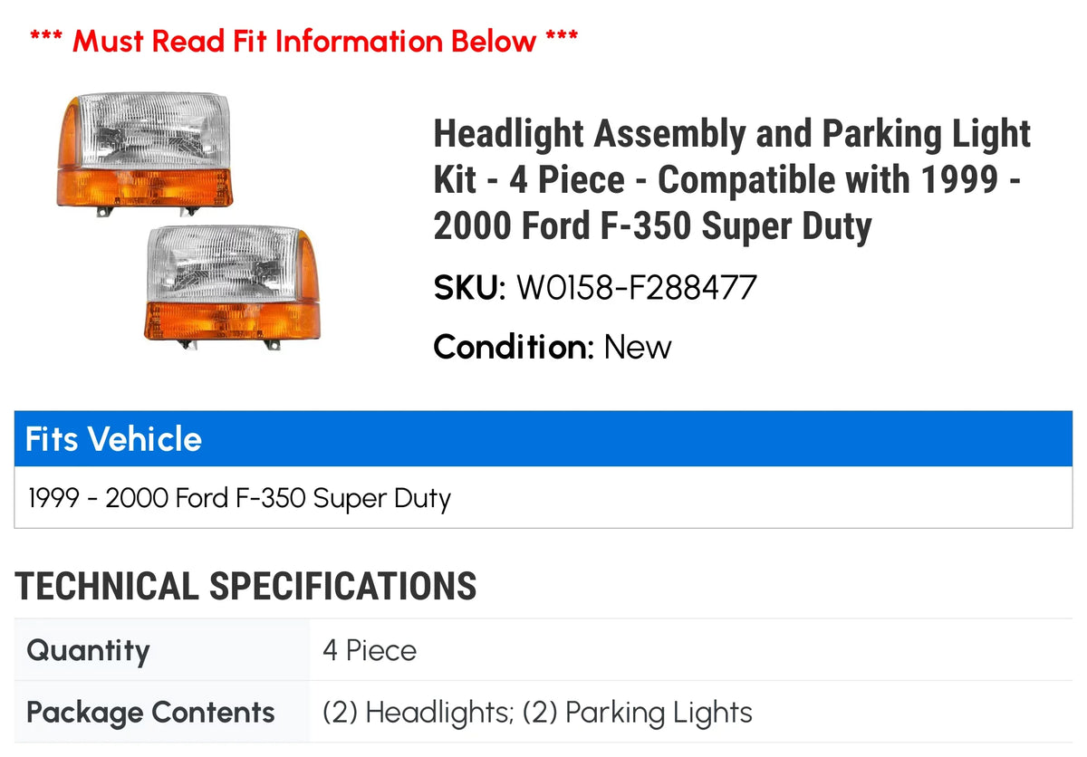 and Duty 4 Headlight Super - with - Cornering 1999 Compatible F-350 - Piece 2000 Kit Light Parking