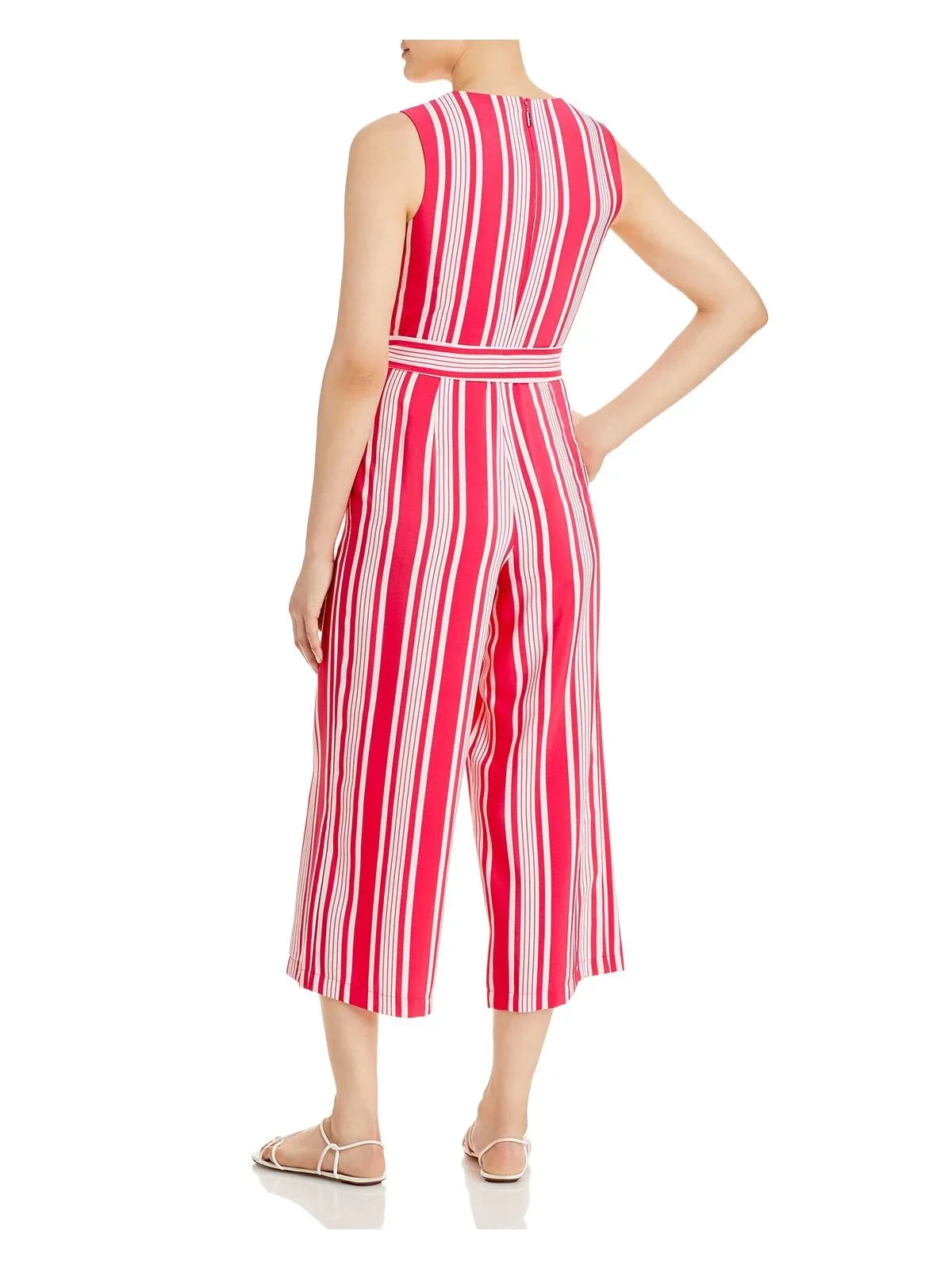 Jumpsuit Sash Surplice Wear LAGERFELD Neckline Pink Work Pocketed Leg Tie To Womens KARL Zippered Striped Wide 2 Sleeveless Self