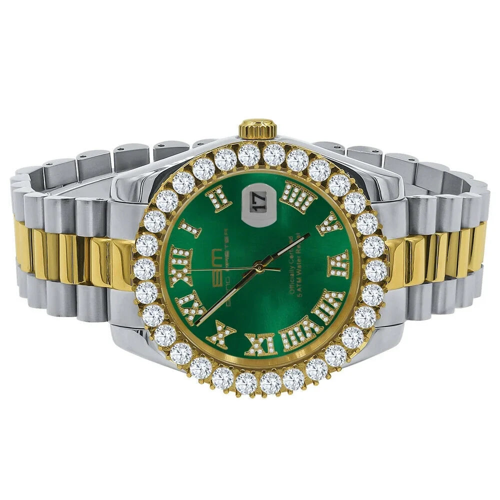 Mens 42mm Stainless Numbers Face Diamond 18k Steel Dial Watch Tone Green Full 2 Gold Roman