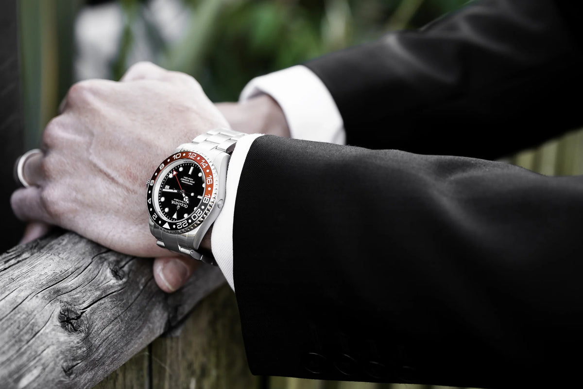 1250M Explorer Red Movement Pro Oceaneva™ Steel Men's Deep GMT and Swiss Diver Watch Stainless Quartz, Black- Marine Bracelet