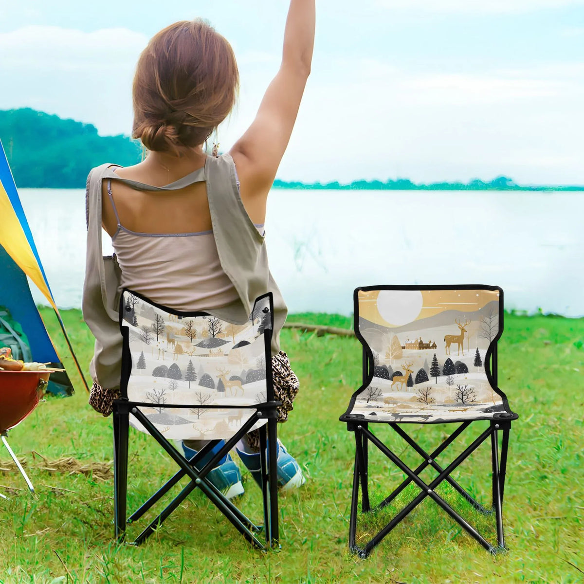 Lawn in Fishing Small Chair Kids Forest Chair with for Chair Beach Bag Chair Folding Carry Golden Portable exterior Camping Deers