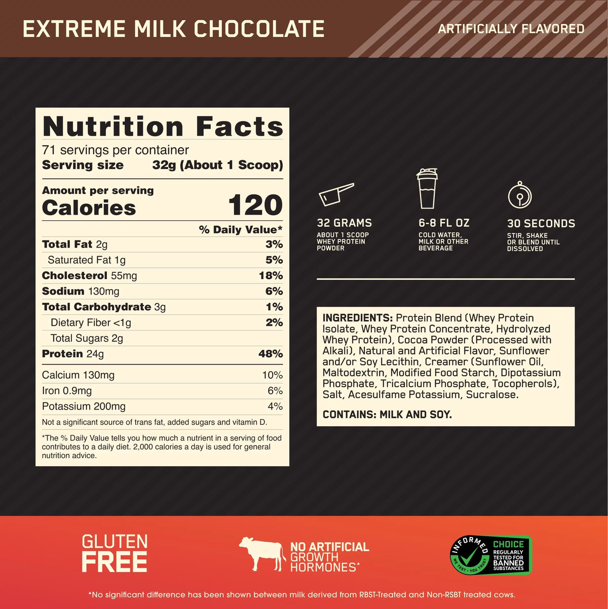 Standard Nutrition, Optimum 5 71 Chocolate, Powder, 100% Gold Extreme Milk Whey Protein Servings lb,