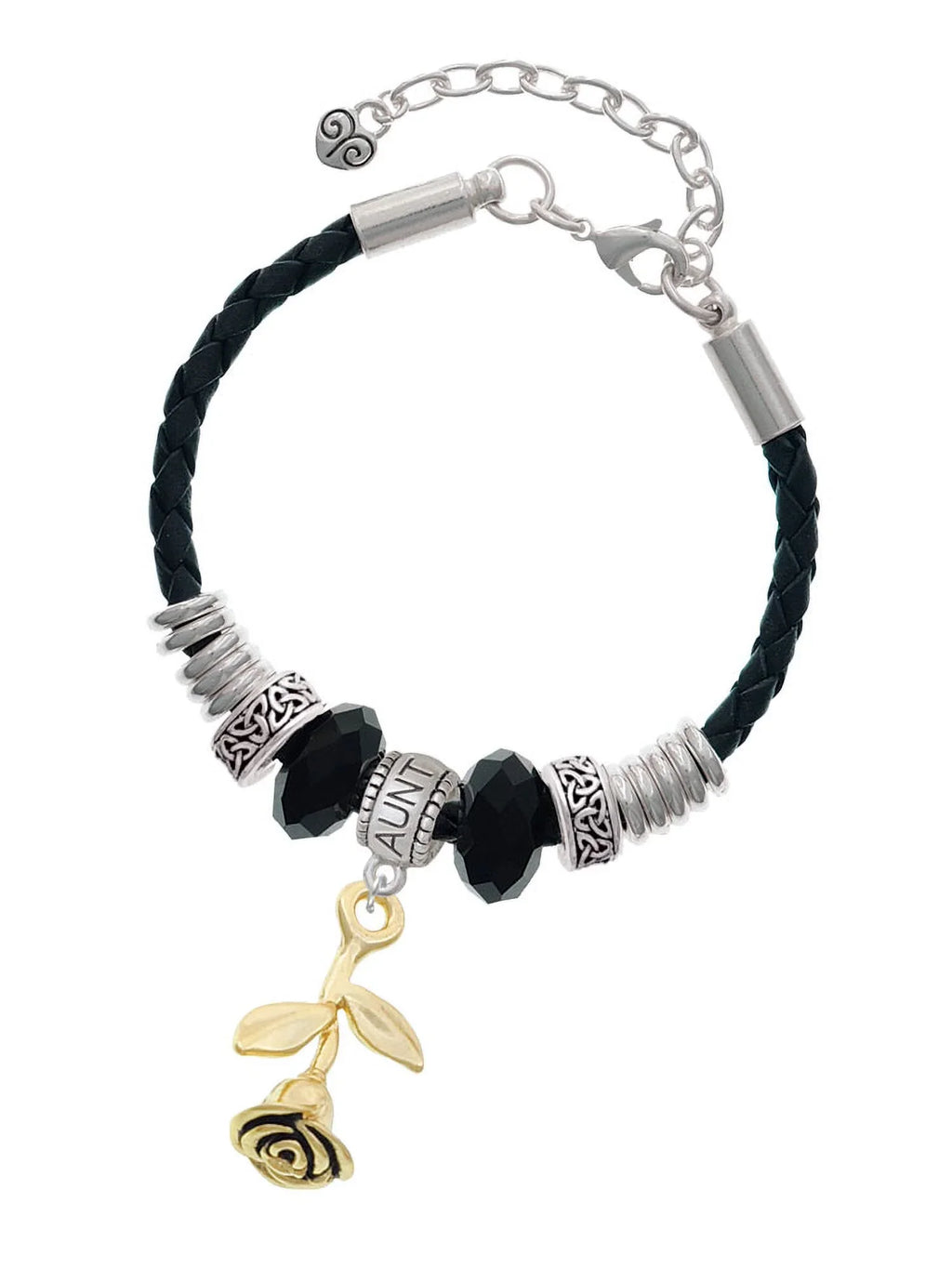 Celtic Bracelet, Delight Rose Bead Goldtone Aunt Stemmed 7"+2" Leather Jewelry Extender Knot