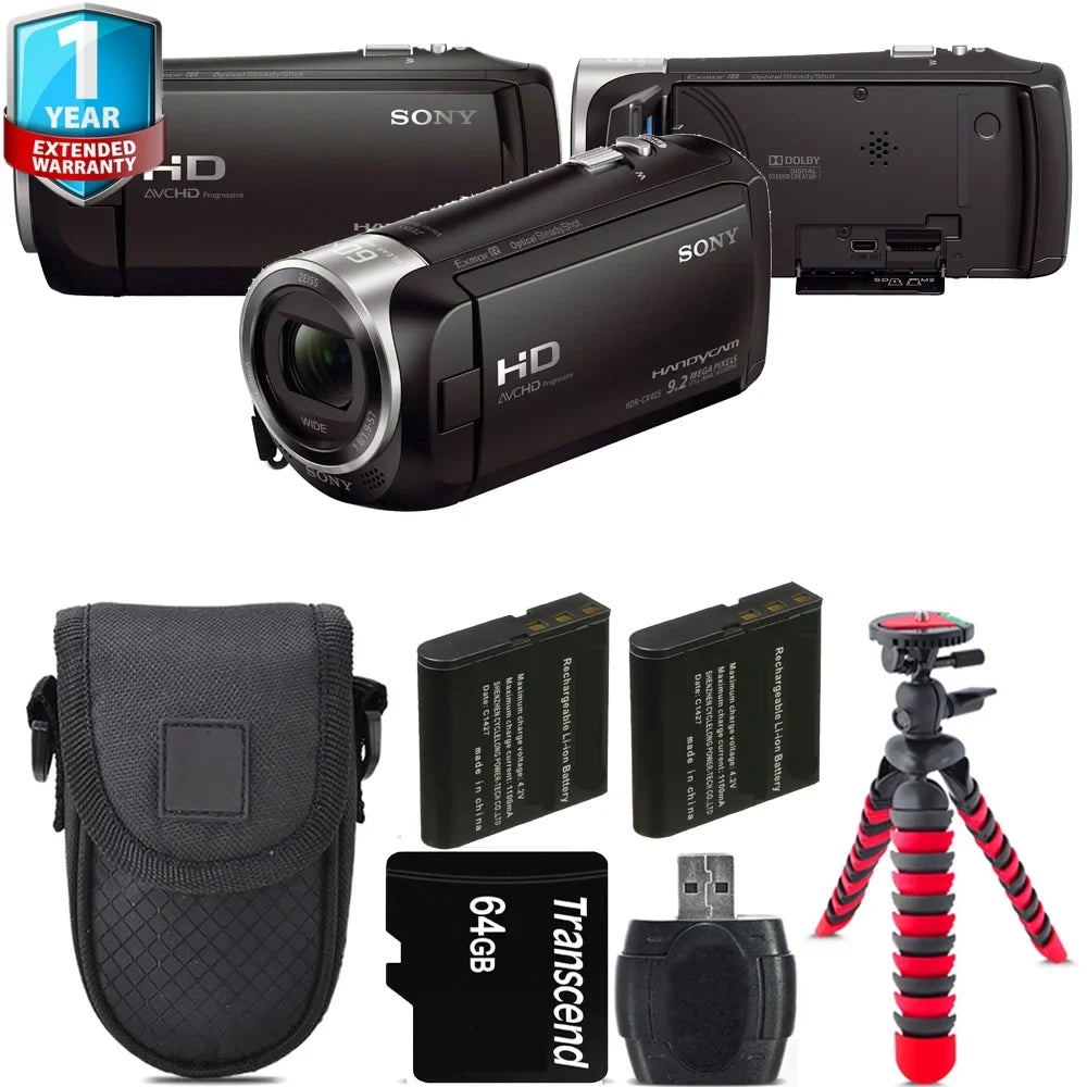 Handycam 1 Battery Extra -64GB HDR-CX405 Kit Warranty +Tripod Yr HD + +