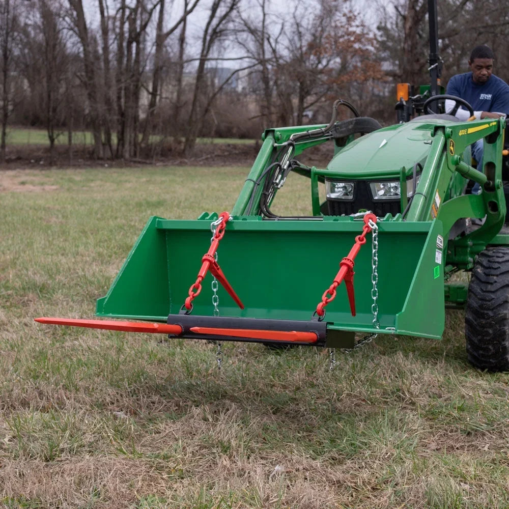 Steer 2 HD Chains Conus Capacity, Universal Hay Spear Attachment, Ratchet Dual Bucket Prong Binders Attachment, Skid Tines, Front Attachments LB Bale 3000 Loader Titan and Included 43" Tractor