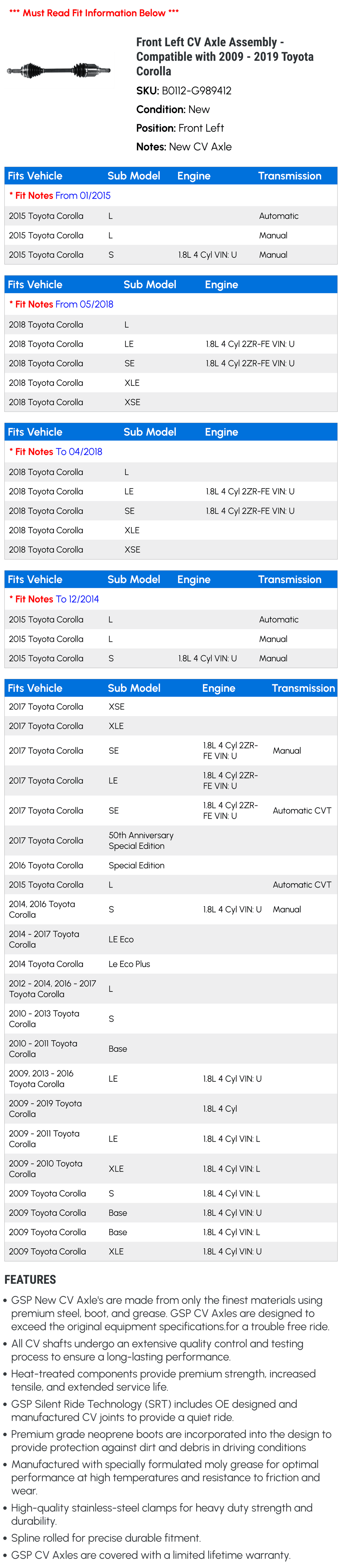 Toyota 2009 Left - 2017 2015 Corolla 2010 2019 Front 2011 Assembly CV Compatible 2014 2018 - 2013 2012 Axle 2016 with