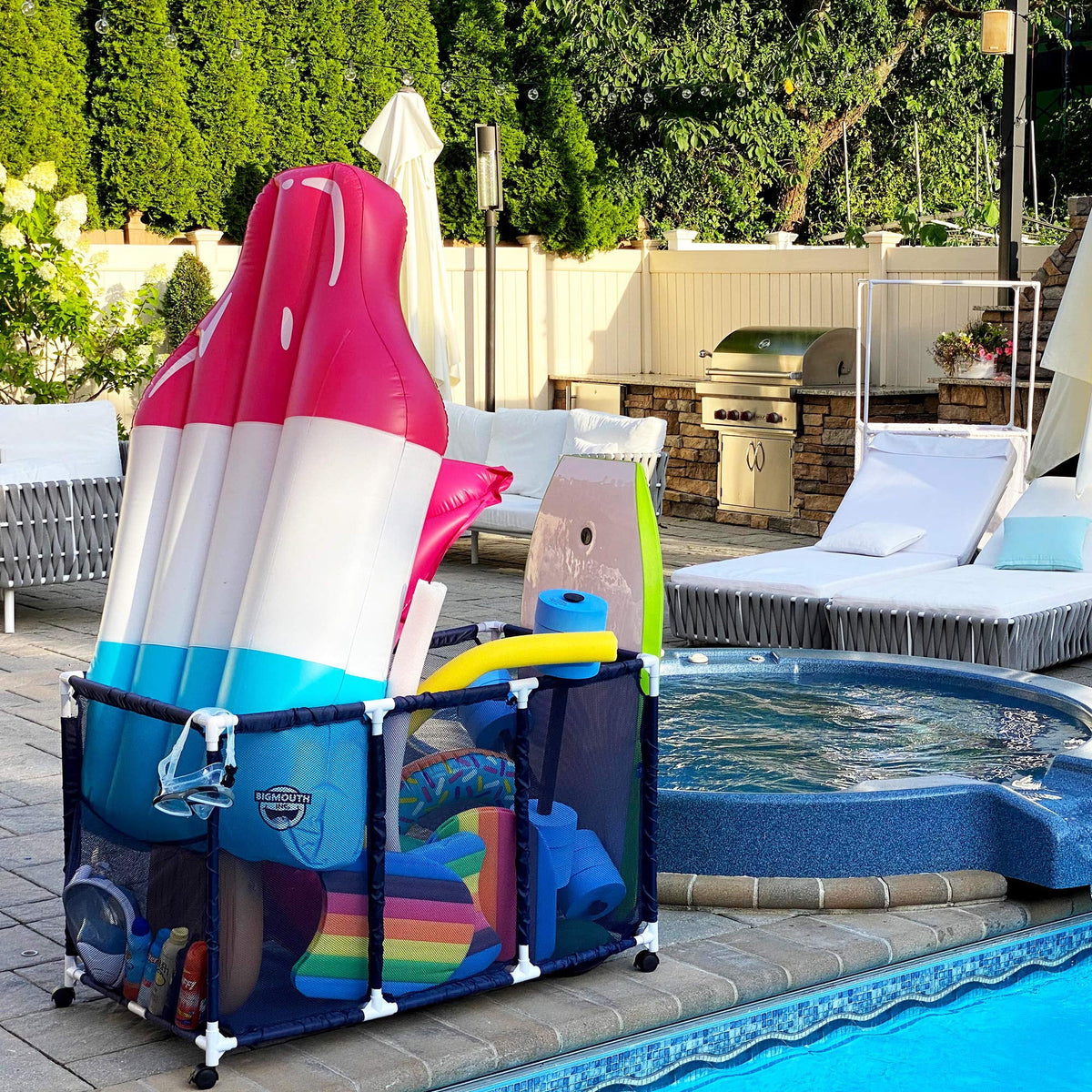 Kids Rolling H), Pool / Floats Toys, Organizer 25" x 28" Balls Storage Height, Noodles and Mesh Bin, 563009 L (43" Equipment design Large, W Blue x White Holder,